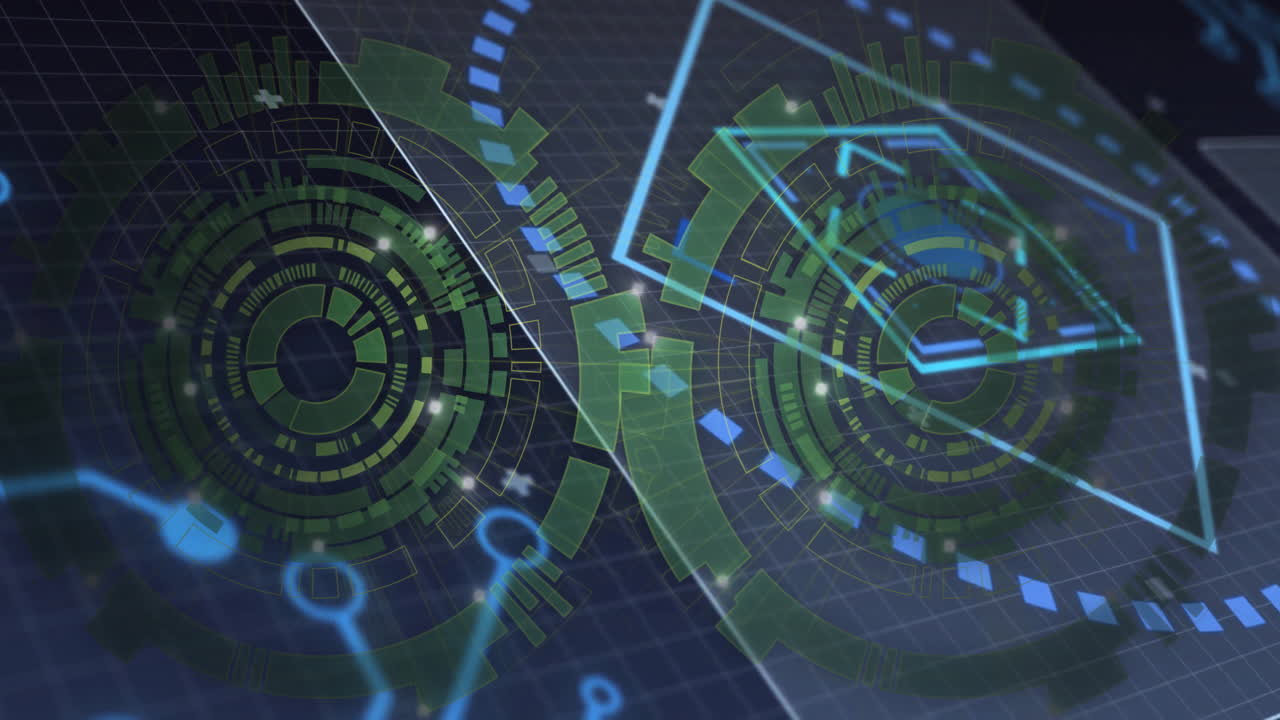Rotating green and blue geometric patterns in futuristic digital animation interface