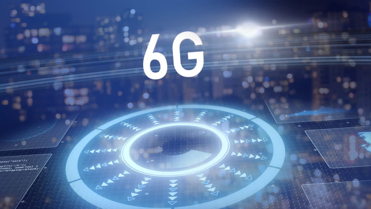 6g 텍스트의 애니메이션, 데이터 처리 및 스크린과 함께 범위 스캔