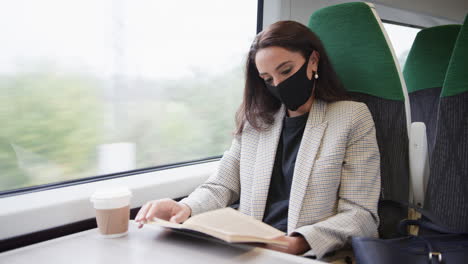 businesswoman on train relaxing and reading book wearing ppe face mask during health pandemic