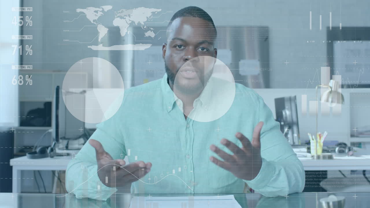 Animation de traitement de données financières sur un homme d'affaires afro-américain dans un bureau.