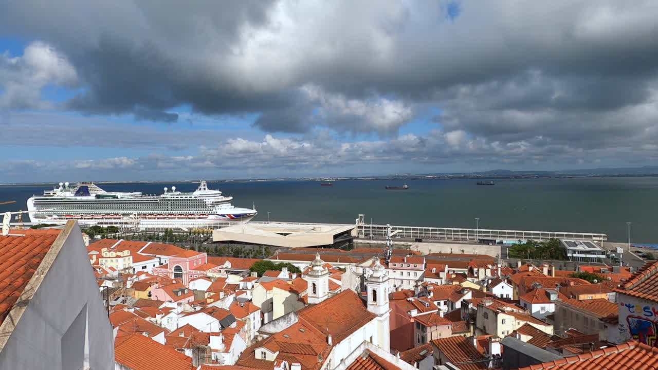 Panoramic Rooftop View Of Lisbon In Portugal, With Cruise Ship At Port