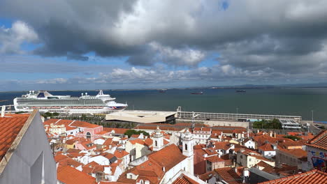 panoramic rooftop view of lisbon in portugal, with cruise ship at port