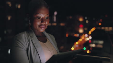 Corporate-black-woman,-tablet-and-office-in-night