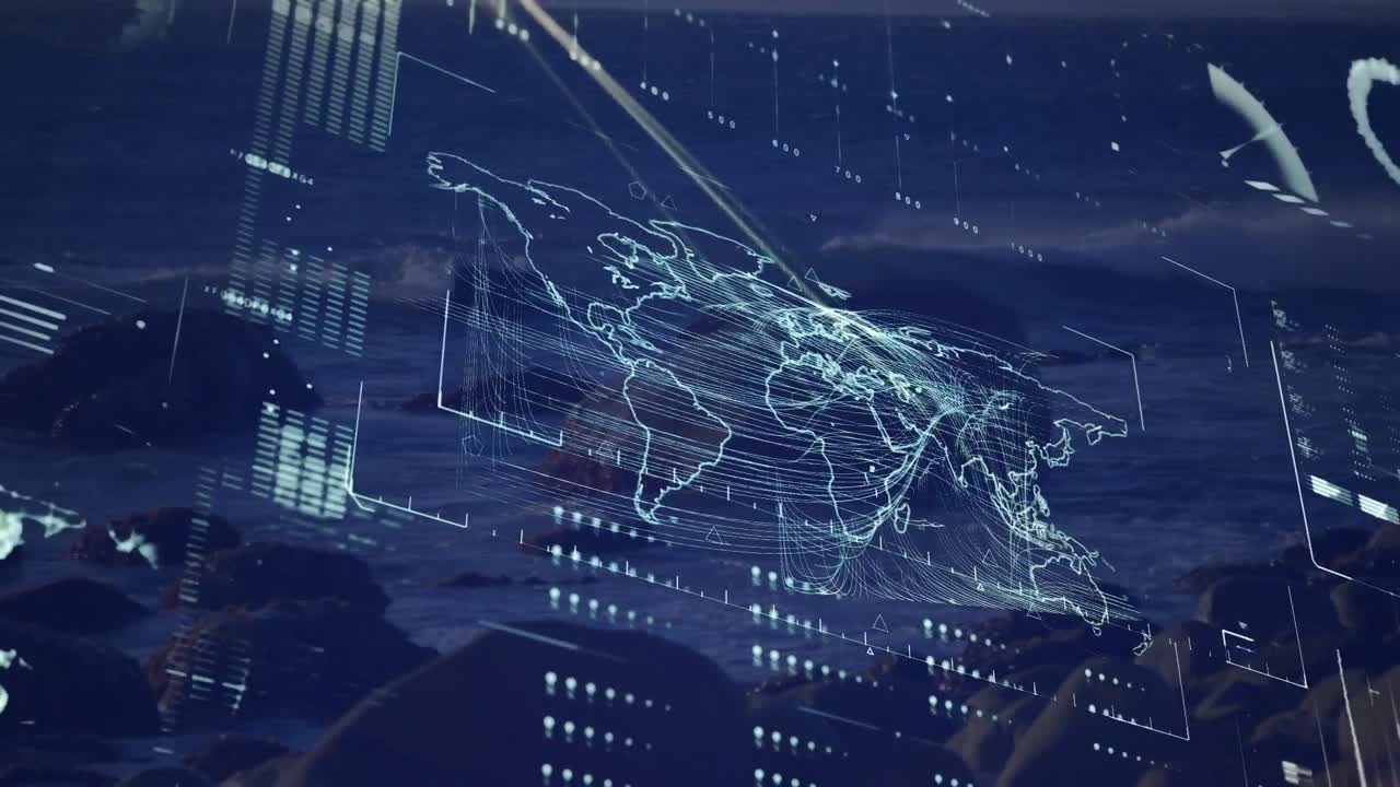 바위 바가에 어지는 파도의 경치에 대한 인포그래픽 인터페이스의 애니메이션