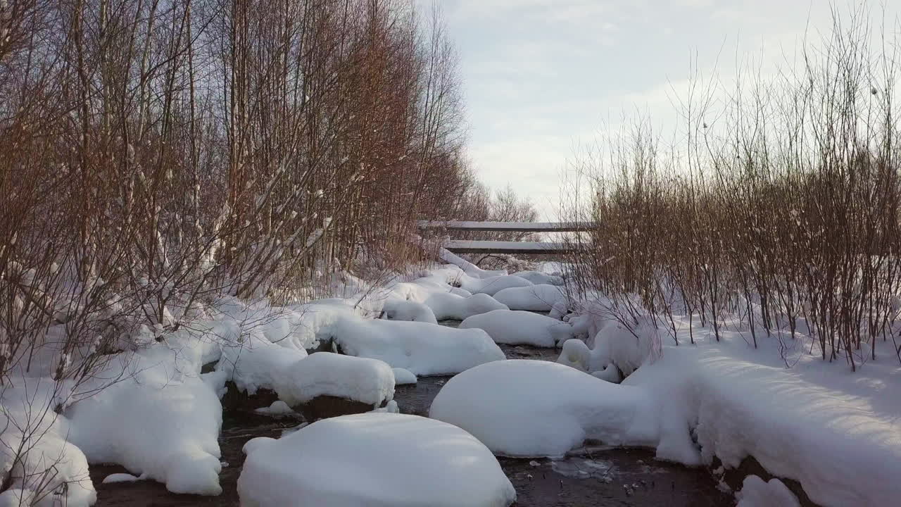 푹신한 눈으로 덮인 물줄기에 있는 바위의 공중 낮은 전망, 내림차순