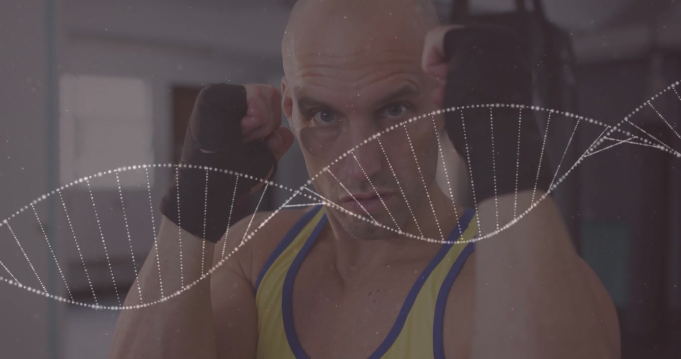 Man holding boxing guard while sparkles drifting and clustering into DNA helix visualizing fitness
