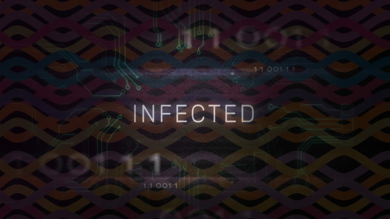 animación de texto infectado, códigos binarios, patrón abstracto multicolor sobre la textura de la placa de circuitos