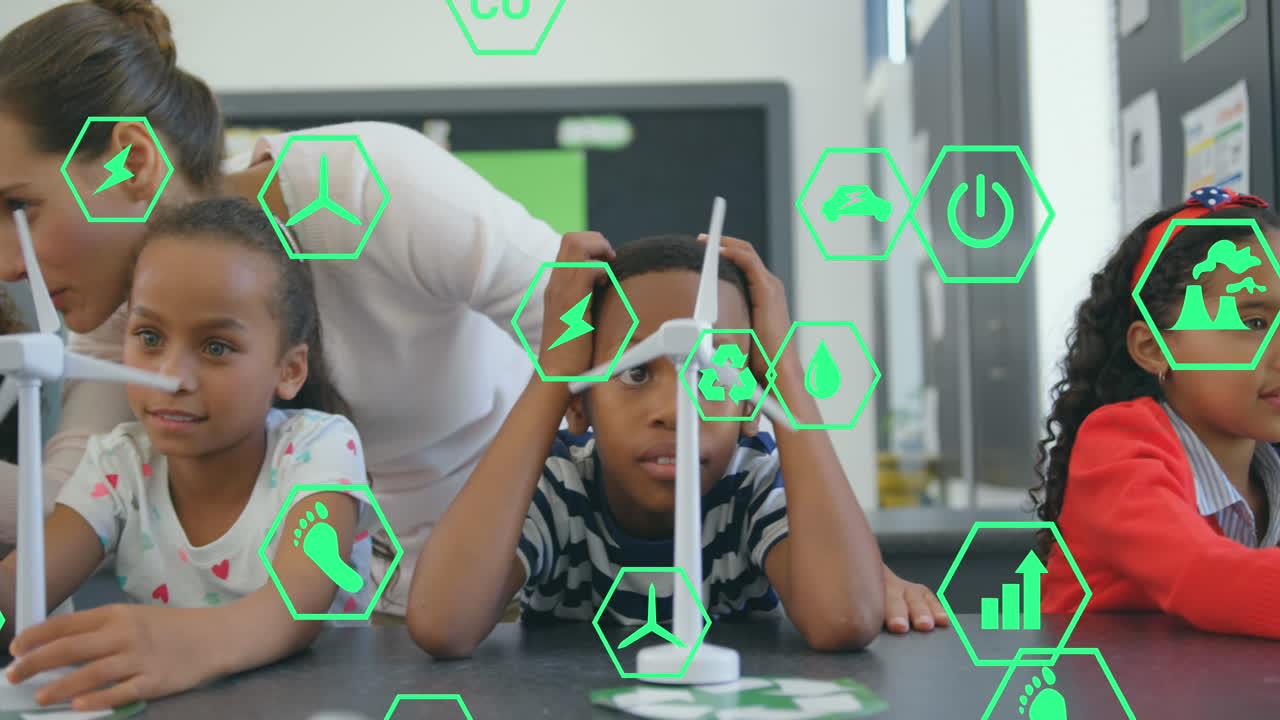 Animation of ecology icons over smiling caucasian female teacher with diverse schoolchildren