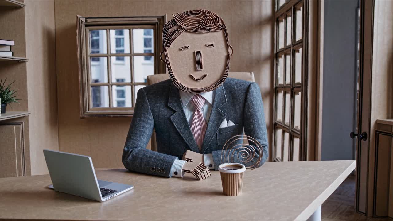 hombre de negocios de cartón sentado en un escritorio minimalista, bebiendo café junto a la computadora portátil en un entorno de oficina surrealista y artesanal, destacando la representación creativa del lugar de trabajo