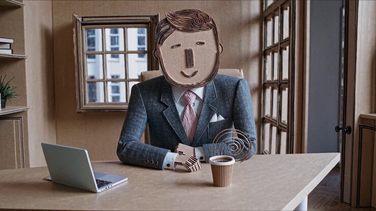 Cardboard businessman sitting at minimalist desk, sipping coffee beside laptop in surreal, handcrafted office environment, highlighting creative workplace representation