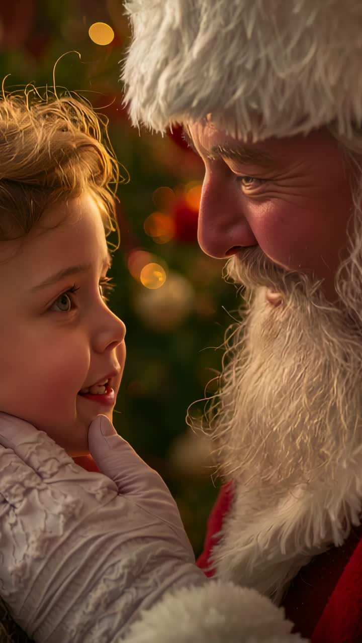 Vídeo vertical: Papai Noel segurando o queixo de uma criança para acalmá-la enquanto ela fala perto de uma árvore, usando casaco vermelho, luvas e casaco acolchoado