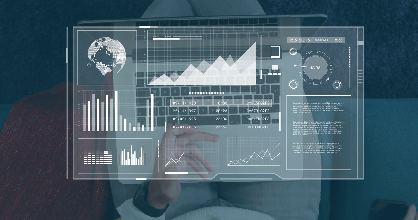 Man using phone above laptop, causing HUD charts and globe updating while analyzing business data