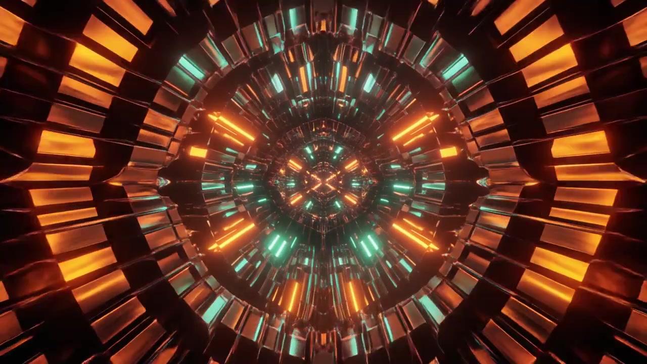 Futuristic Abstract Tunnel with Glowing Orange and Teal Lights