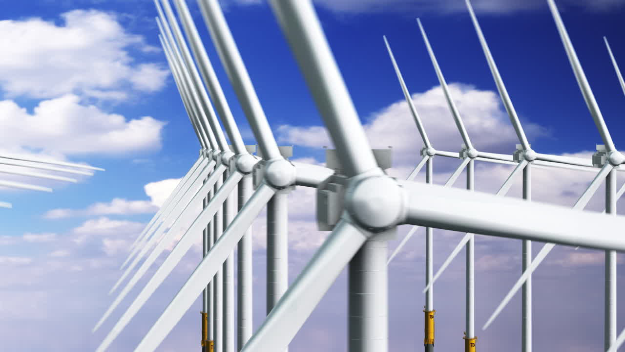 Turbine eoliche renderizzate in 3D frontali che girano su uno sfondo di cielo blu. Visualizzazione concettuale di un parco eolico per energia rinnovabile. Animazione di sviluppo sostenibile, infrastrutture per energia pulita.