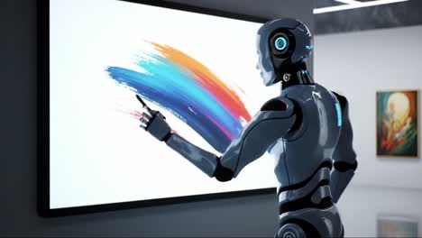 a futuristic robot engaging with digital art: exploring creativity and technology in an interactive display of colorful brush strokes