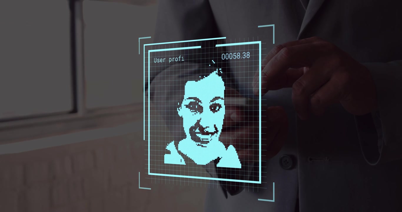 Animation of user photos over hands of caucasian man using smartphone