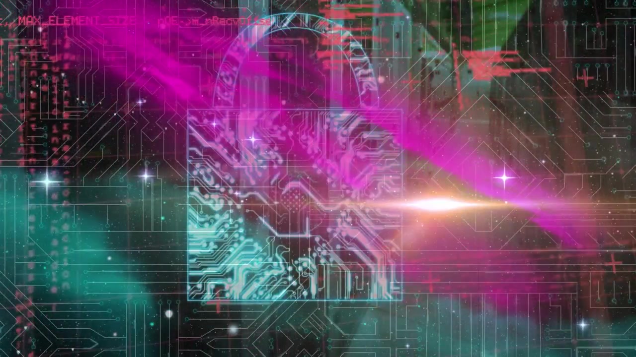 Animation of programming code, grid and light moving over graphical padlock and circuit board