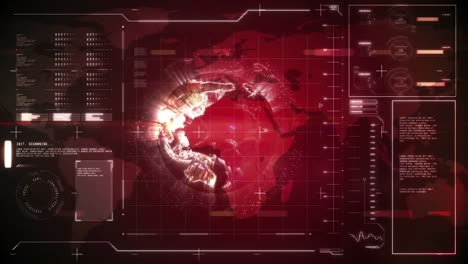 Animation-of-network-of-connections-with-glowing-globe-spinning-and-data-processing