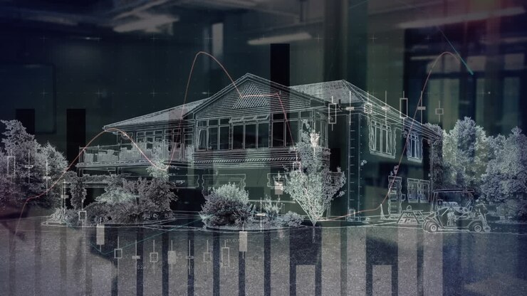 Animação de estatísticas e processamento de dados sobre paisagem urbana.