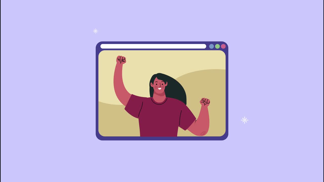 video conference animation with woman in webpage template