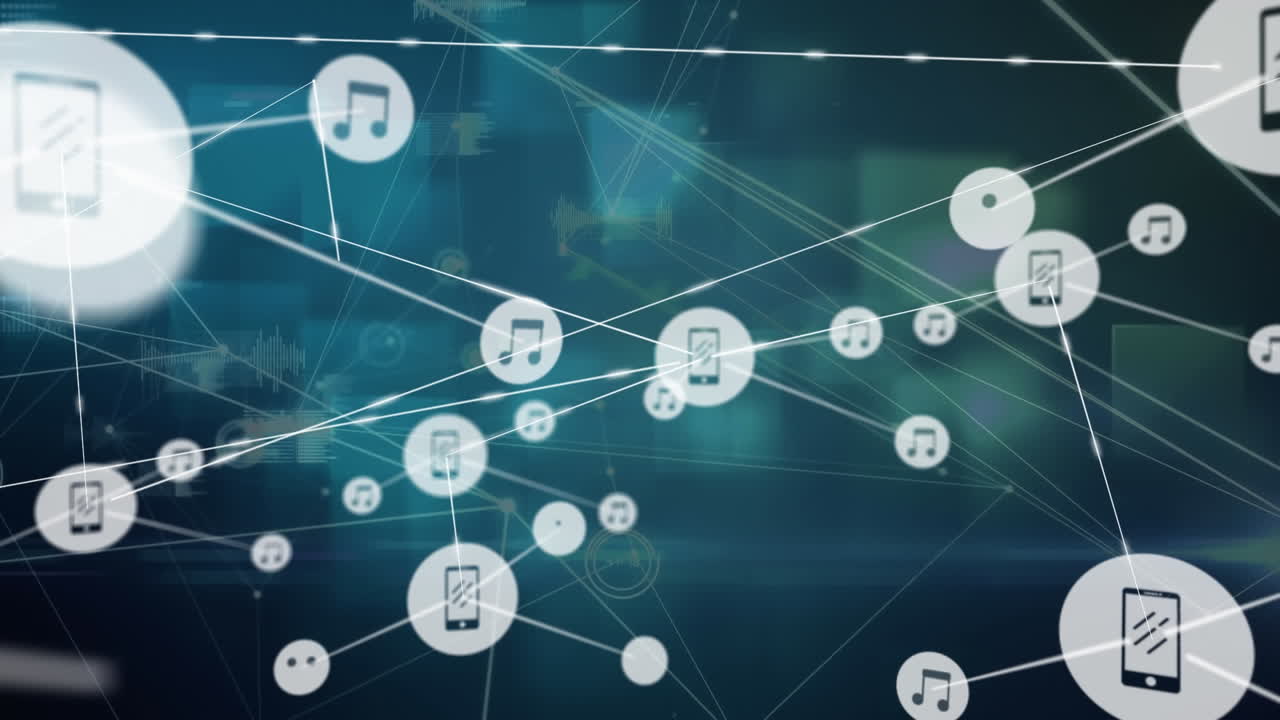 파란색 배경의 사각형 모양에 대한 디지털 아이콘 네트워크와 데이터 처리의 애니메이션