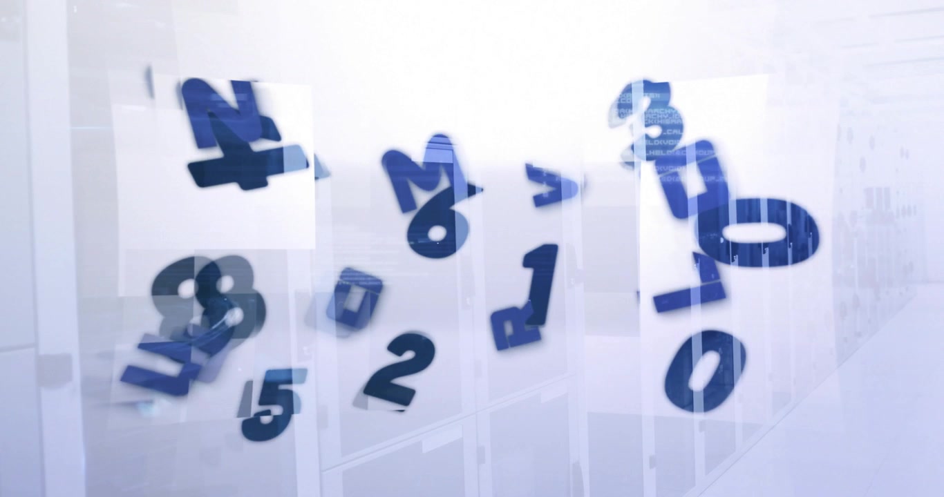 Numeri e lettere blu animati che fluttuano con il riflesso di una sala server.