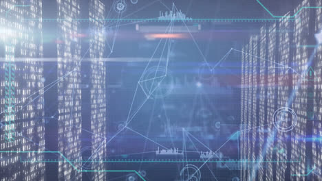 Animation-of-network-of-connections-and-data-processing-against-screens-with-mosaic-squares