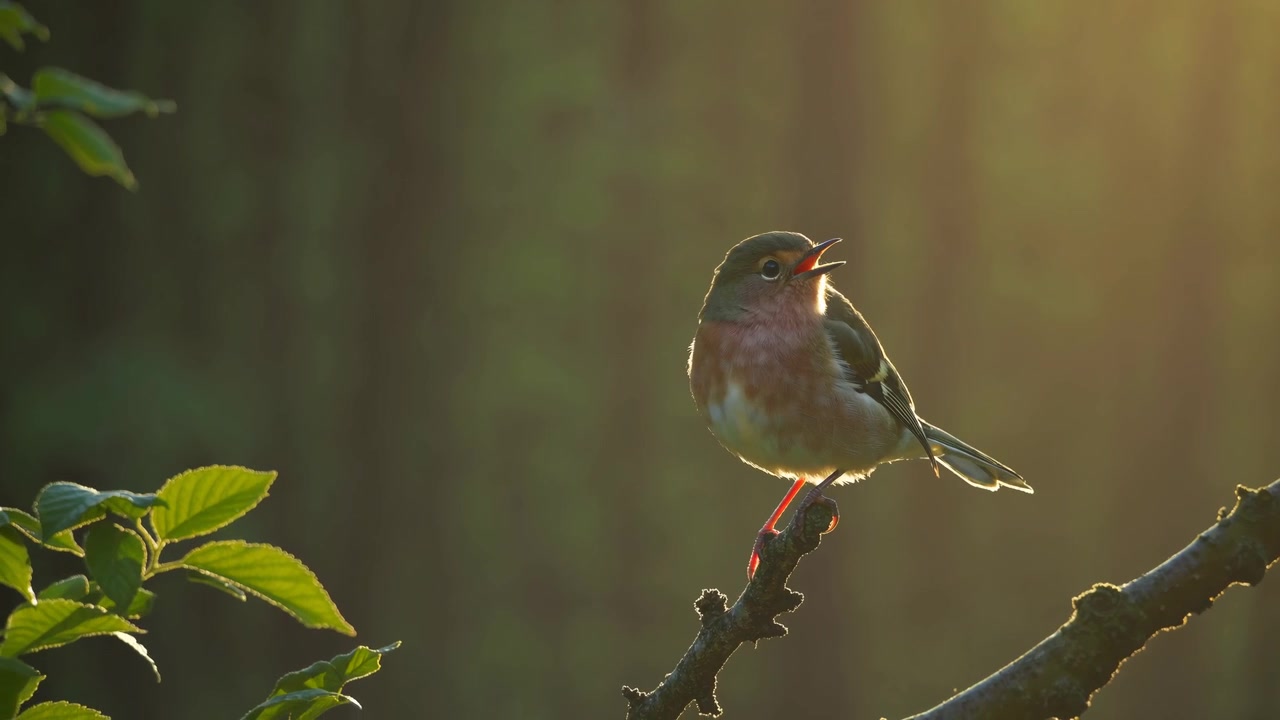 Fringuello comune che canta su un ramo in una foresta soleggiata