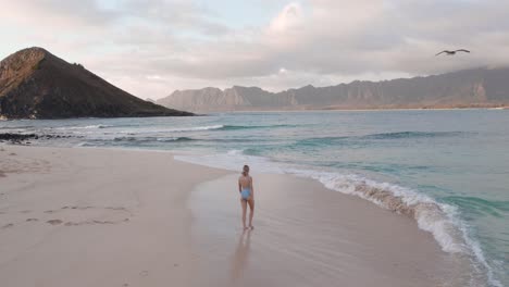 Joven-Mujer-Rubia-En-Traje-De-Baño-Caminando-En-La-Playa-En-Hawaii,-Cámara-Lenta