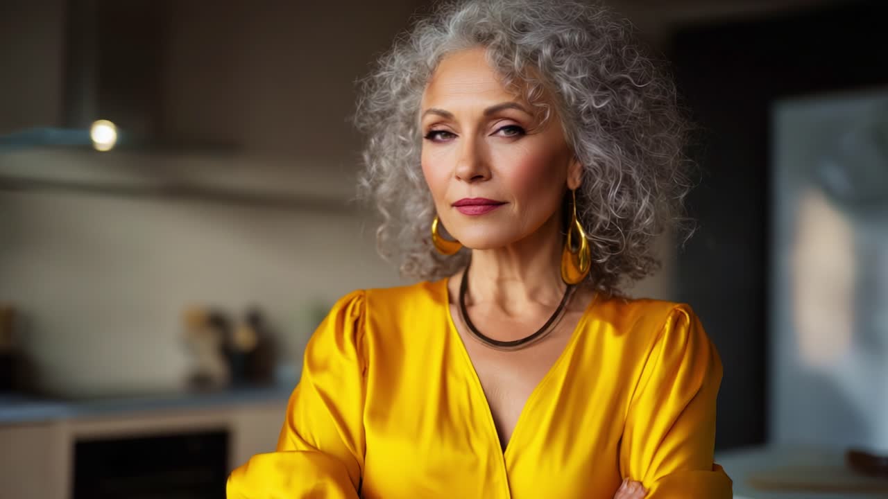 Retrato de uma mulher idosa confiante com cabelo cacheado, usando um vestido amarelo vibrante, capturando força e beleza em um ambiente de cozinha contemporâneo