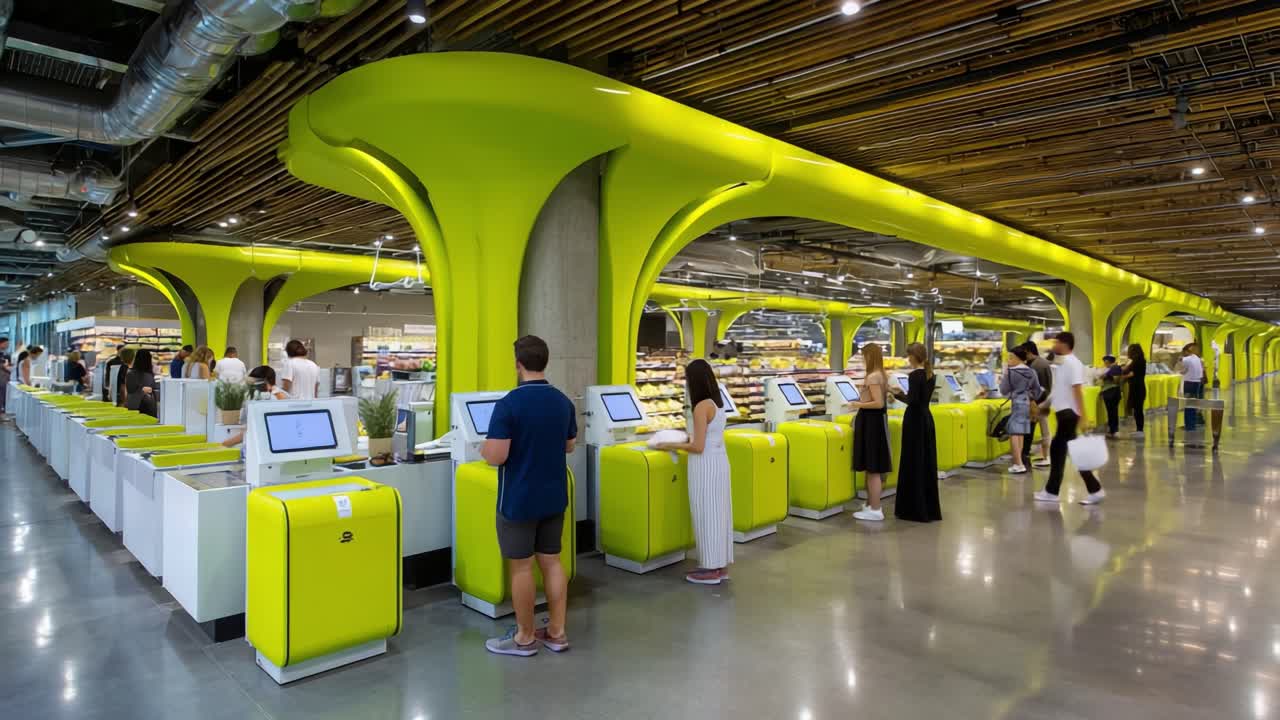 A Modern Shopping Experience: Vibrant Design and Innovative Technology Merge in a Retail Space Featuring Colorful Self-Checkout Stations and Sleek, Contemporary Architecture