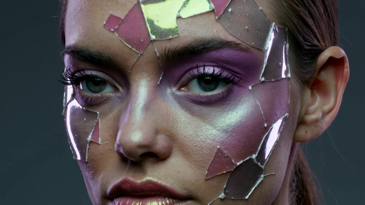Camera rolling, green-eyed model lowering gaze, closing eyes in studio, highlighting mirror shards