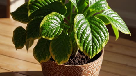 potted plant in a decorative pot on a wooden table