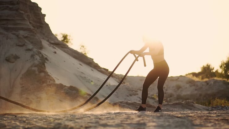 Beautiful girl athlete on a sandy career standing with ropes doing exercise in the sun standing on the sand.