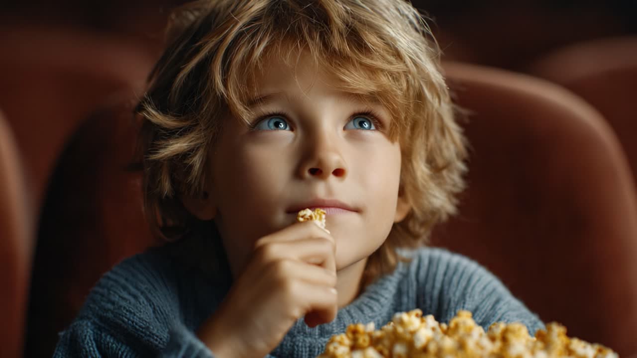 Un ragazzino che si gusta dei popcorn in un cinema, completamente immerso nell'esperienza, con occhi azzurri che catturano la gioia di guardare film