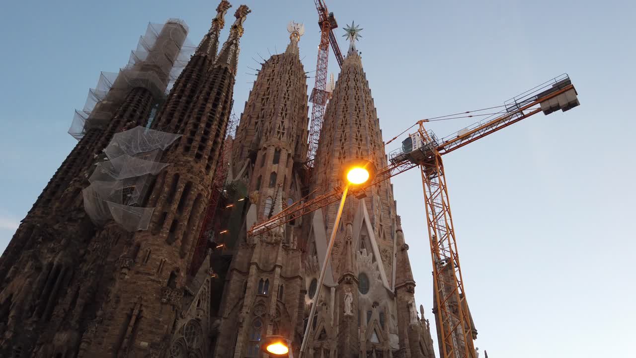 Low Angle Shot of Sagrada Familia Church in Barcelona Touristic City Landmark