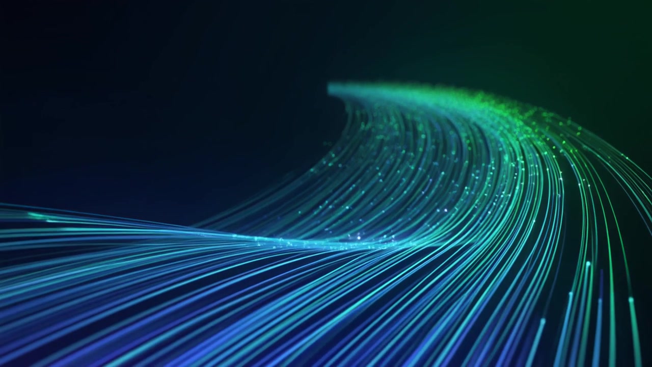 Abstract Flow of Glowing Blue and Green Fiber Optic Data Lines
