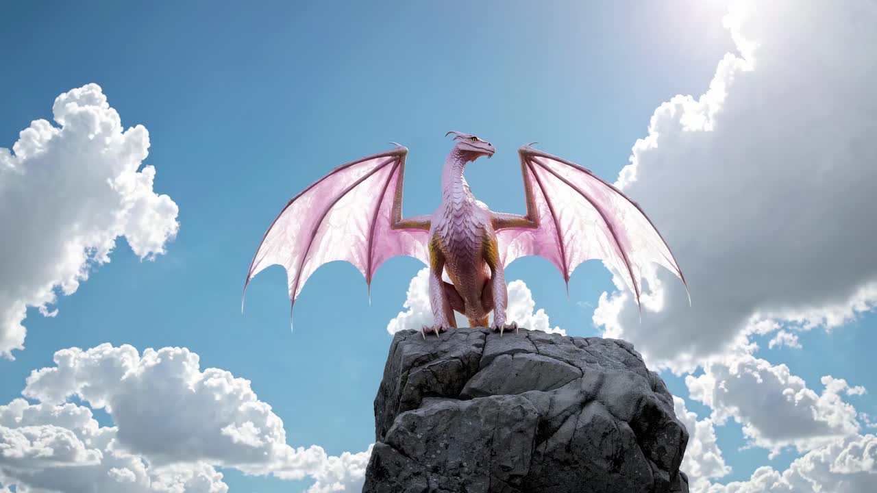 A majestic pink dragon stands atop a rocky peak against a bright sky