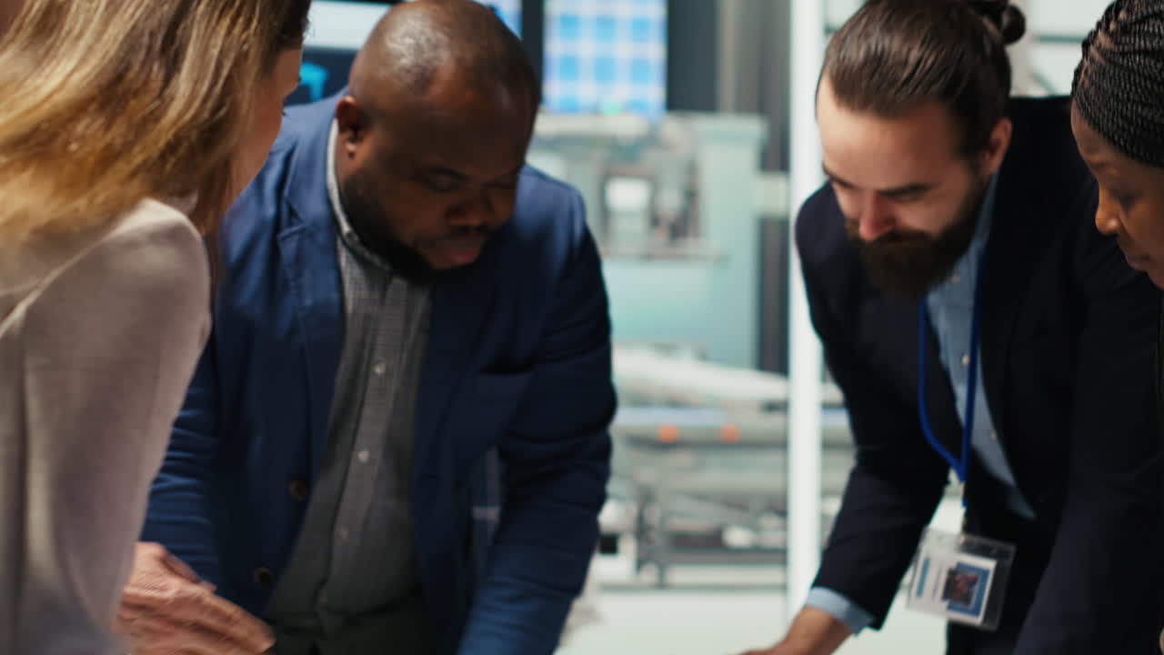 Factory Engineers Refining Production Layouts Using Tablet
