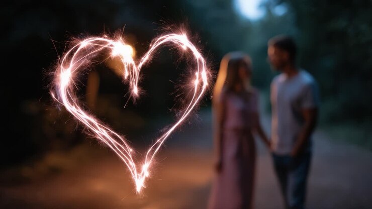 Un momento magico catturato in un morbido crepuscolo, che mostra un cuore luminoso formato da luci scintillanti mentre una coppia condivide un legame intimo sotto gli alberi