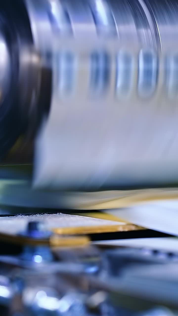 The big drum rotates in close-up.. The outer layer of diapers is made on the machine