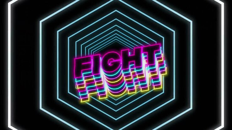 Neon fight text with shadow effect against neon blue hexagons in seamless motion on black background