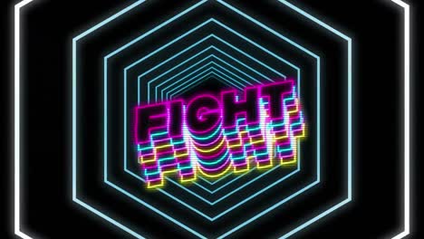 Neon-fight-text-with-shadow-effect-against-neon-blue-hexagons-in-seamless-motion-on-black-background
