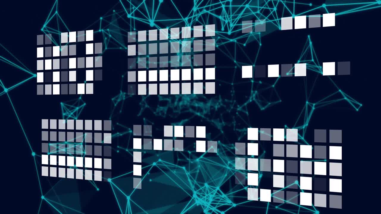 animación de cuadrados grises y blancos sobre fondo negro con conexiones