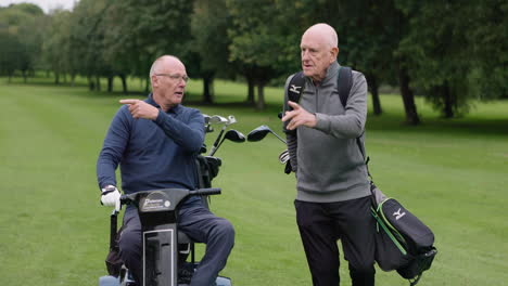 Two elderly men golfing