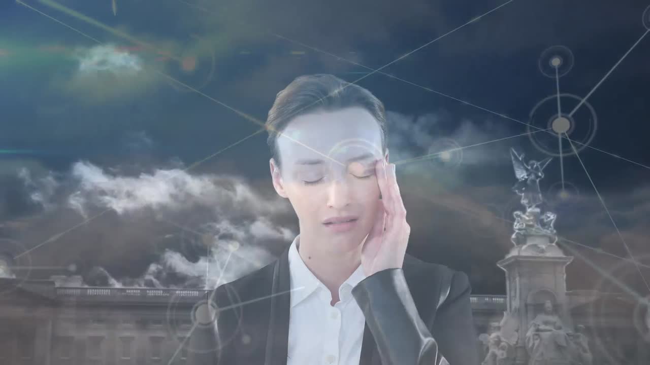 카우카스계 사업가 여성의 애니메이션과 도시 풍경에 대한 연결 네트워크