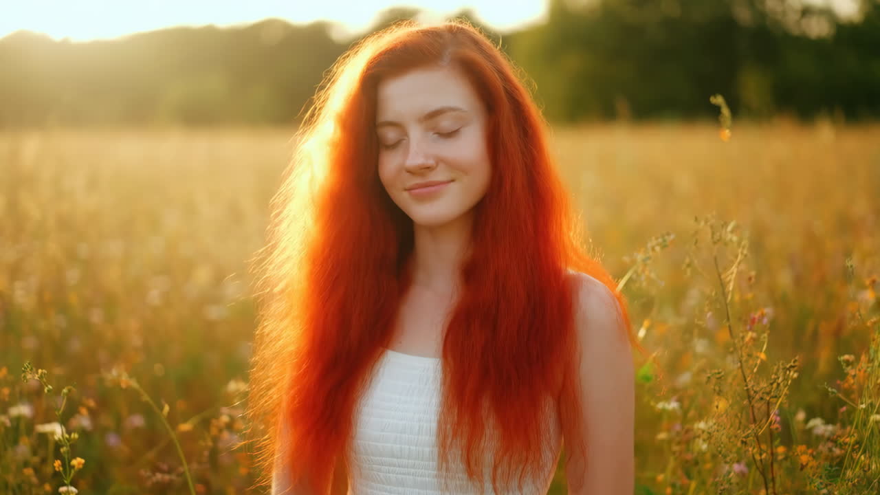 Red-haired woman enjoying sunset in a field