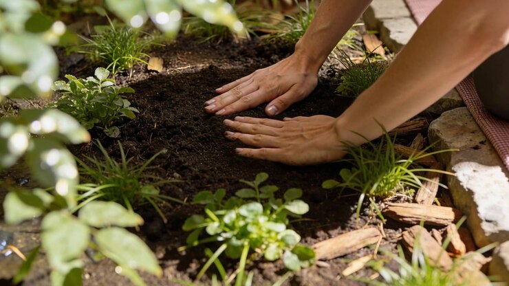 Mani di giardiniere a braccia scoperte che premono e lisciando il terreno al bordo dell'aiuola, preparandosi per la piantumazione