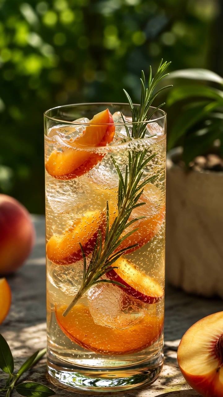 Bollicine fini scintillano attorno a cubetti di ghiaccio e fette di pesca all'interno di una bevanda chiara e fredda, mentre rametti di rosmarino, calda luce solare, frutta fresca e un bokeh di giardino frondoso incorniciano il bicchiere.