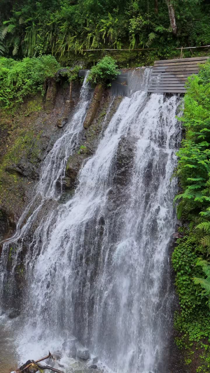 Pemandangan indah air terjun tropis yang mengalir dari tebing berbatu ke kolam tersembunyi